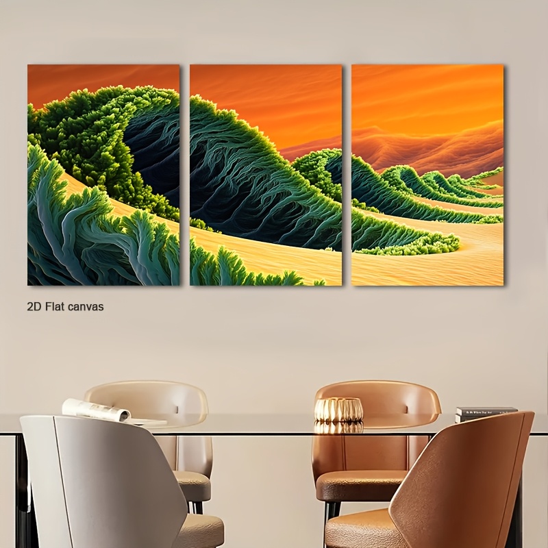3pcs Green Wave Terrai Abstrac - Canvas Wrap Ready ulasan dan harga